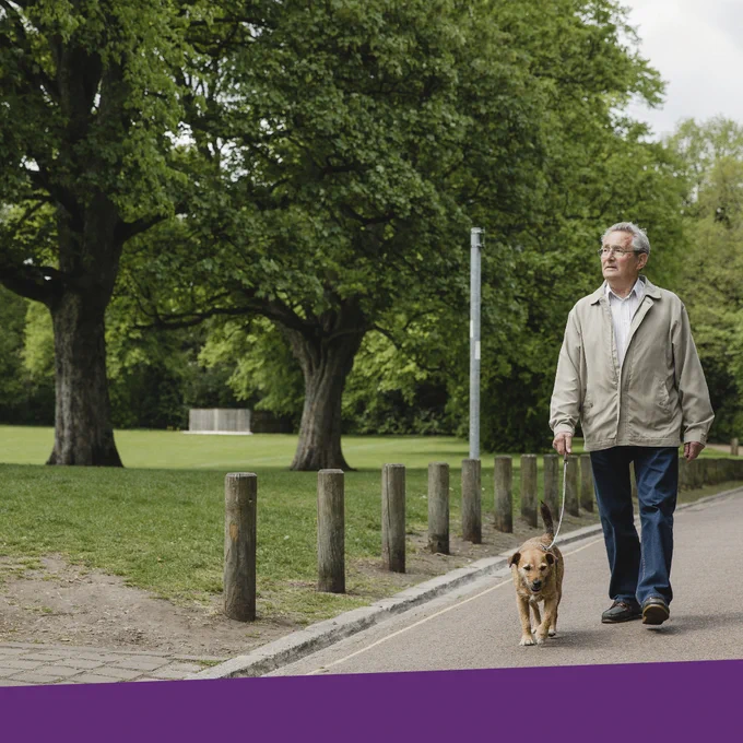 A man is walking his dog at a park.