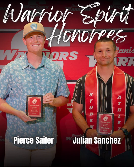 Pierce Sailer and Julian Sanchez pose with their Warrior Spirit Awards at the STANYS. Both stand in front of a red Stanislaus State Athletics backdrop holding plaques recognizing their resilience and perseverance as student-athletes.