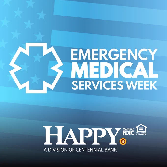 Blue background with a white medical star and text celebrating Emergency Medical Services Week.