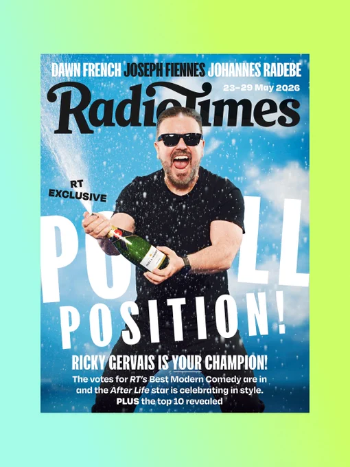 Radio Times cover featuring Ricky Gervais celebrating his win for RT Best Modern Comedy, spraying champagne from the bottle.
