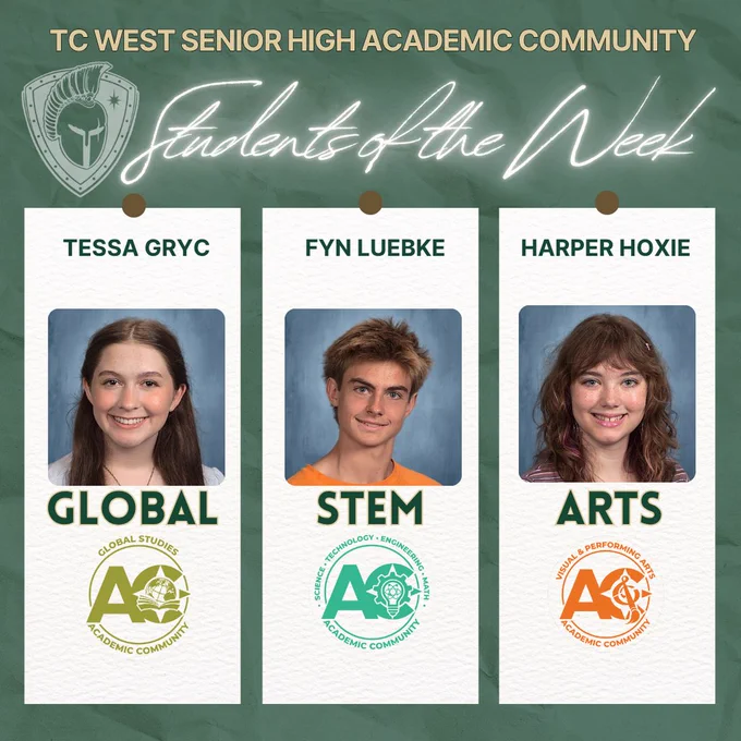 Three students are shown on a green background, each in their respective category: Global, STEM, Arts.