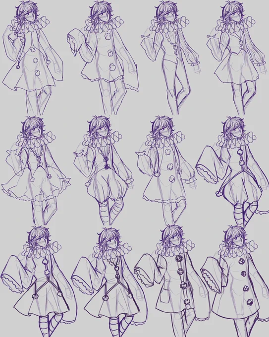12 anime style sketches of a guy with medium length messy hair in various Pierrot and jester style costumes