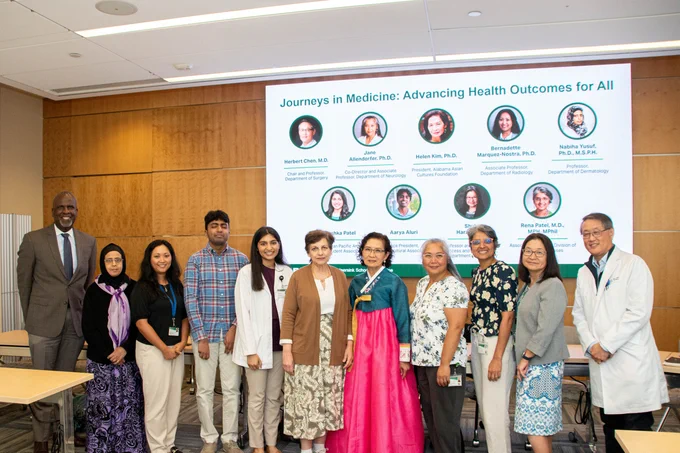 Group photo of speakers at the UAB Marnix E. Heersink School of Medicine's 
Journeys in Medicine Panel Discussion  on "Advancing Health Outcomes for All."