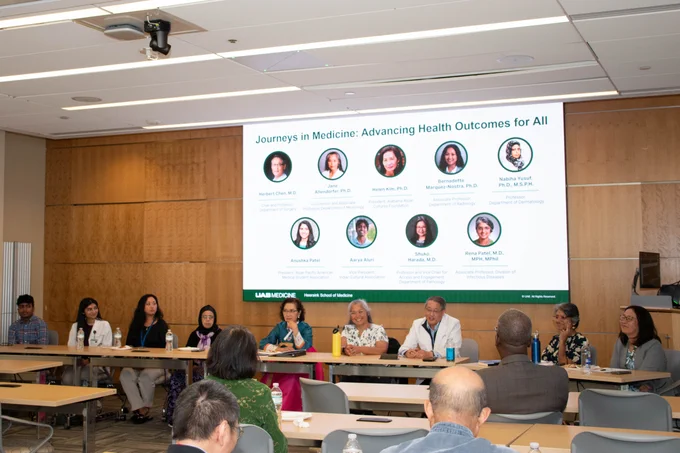 Event photo of speakers at the UAB Marnix E. Heersink School of Medicine's 
Journeys in Medicine Panel Discussion  on "Advancing Health Outcomes for All."