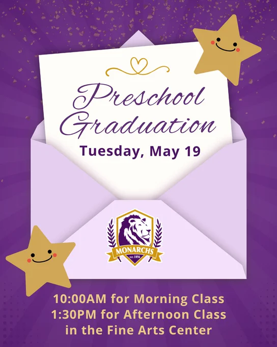 Invitation card for Preschool Graduation on Tuesday, May 19, inside a purple envelope with Denison logo and smiling star decorations.