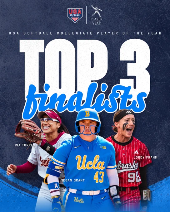 Image featuring three athletes who are finalists for the USA Softball Collegiate Player of the Year. They are depicted in their team uniforms, exuding energy and competitive spirit.