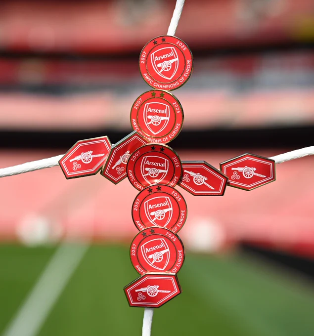 This season's programme pin badges - men's and women's - pinned to the goal net at Emirates Stadium
