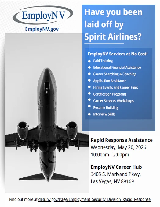 Black and white photo of a plane from below with text offering free EmployNV services for Spirit Airlines layoffs including training and career support.