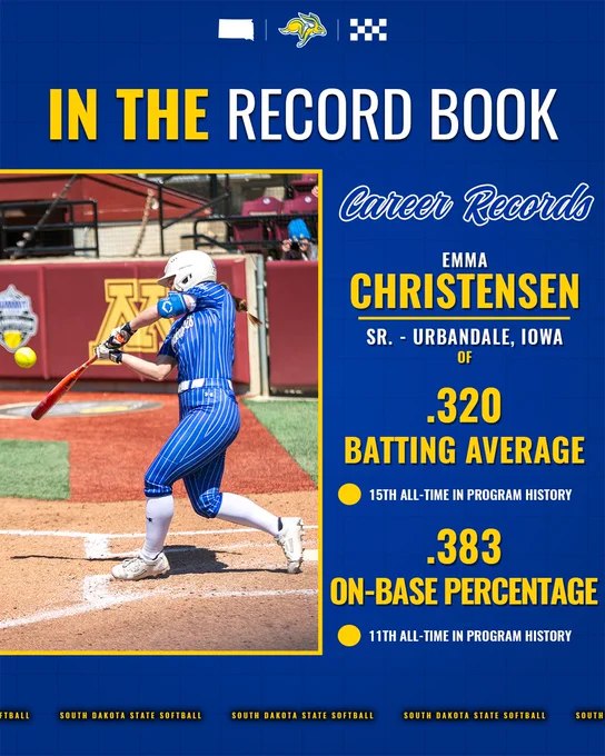 South Dakota State softball graphic titled “In the Record Book” showing a player in a blue pinstriped uniform swinging a bat at a pitch. Text highlights Emma Christensen, a senior from Urbandale, Iowa (OF), with a .320 career batting average (15th in program history) and a .383 on-base percentage (11th all-time).