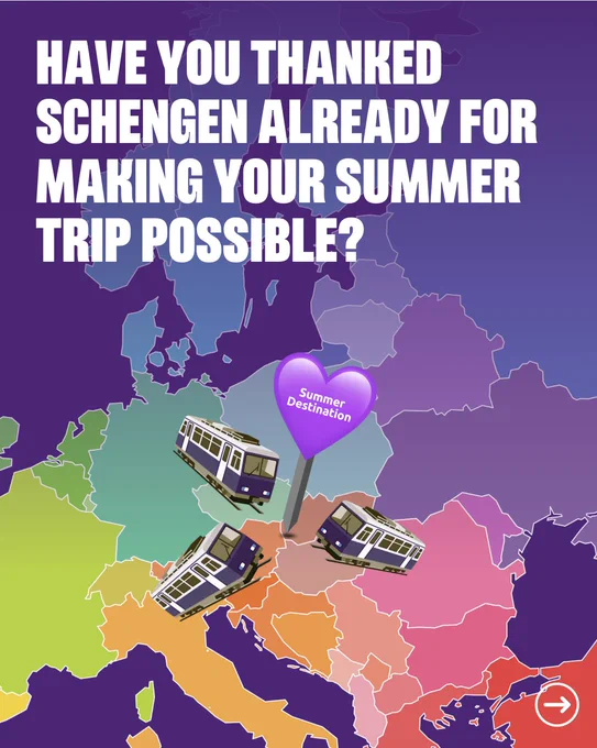 Colourful illustrated map of Europe with countries shown in green, purple, blue, orange, pink, and red tones against a purple-to-blue gradient sky. Bold white uppercase text at the top reads "Have you thanked Schengen already for making your summer trip possible?" Three illustrated purple trams travel across the map. A purple heart-shaped pin in the centre of Europe is labelled "Summer Destination." A red arrow icon appears in the bottom-right corner. Volt Europa branding.