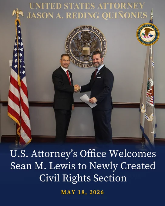 Graphic reading: “U.S. Attorney’s Office Welcomes Sean M. Lewis to Newly Created Civil Rights Section” accompanied by a photo of United States Attorney Jason A. Reding Quiñones swearing in Sean M. Lewis.