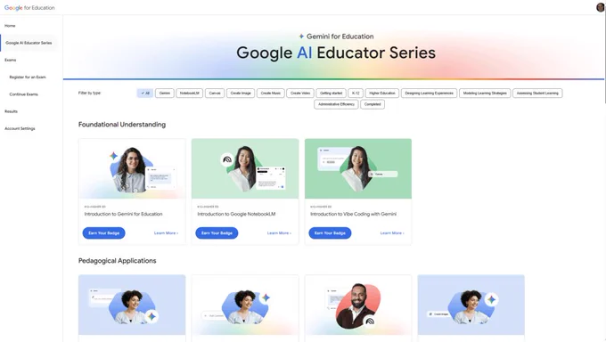 Screenshot of Google AI Educator Series dashboard showing short AI training modules for teachers, including Gemini and NotebookLM courses.