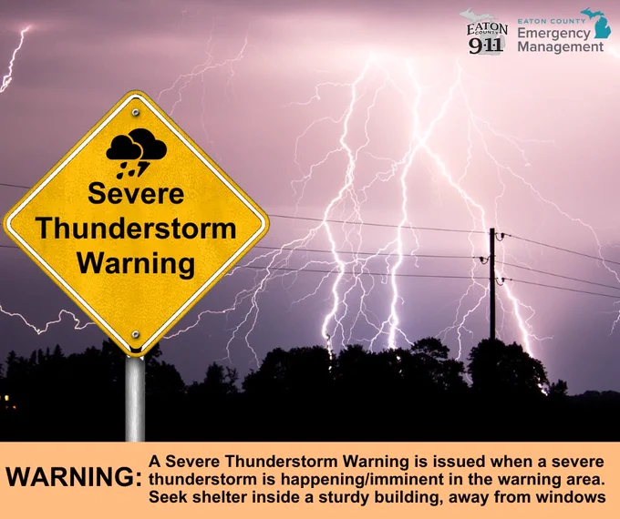 A yellow road sign reads "Severe Thunderstorm Warning" with a cloud and lightning icon. In the background, a dark sky is lit up by multiple lightning strikes over a tree line and power lines. A caption at the bottom reads
"WARNING: A Severe Thunderstorm Warning is issued when a severe thunderstorm is happening/imminent in the warning area. Seek shelter inside a sturdy building, away from windows."