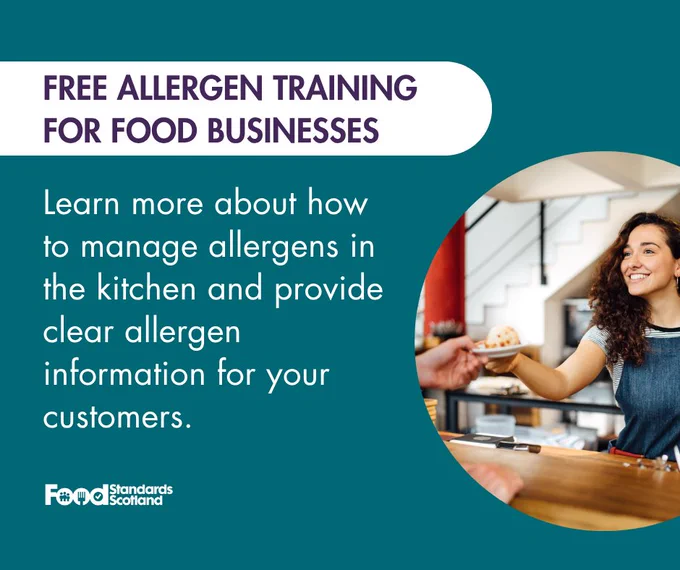 Flyer titled 'Free Allergen Training for Food Businesses' from Food Standards Scotland. Features a person serving food to a customer and text about managing allergens in the kitchen.