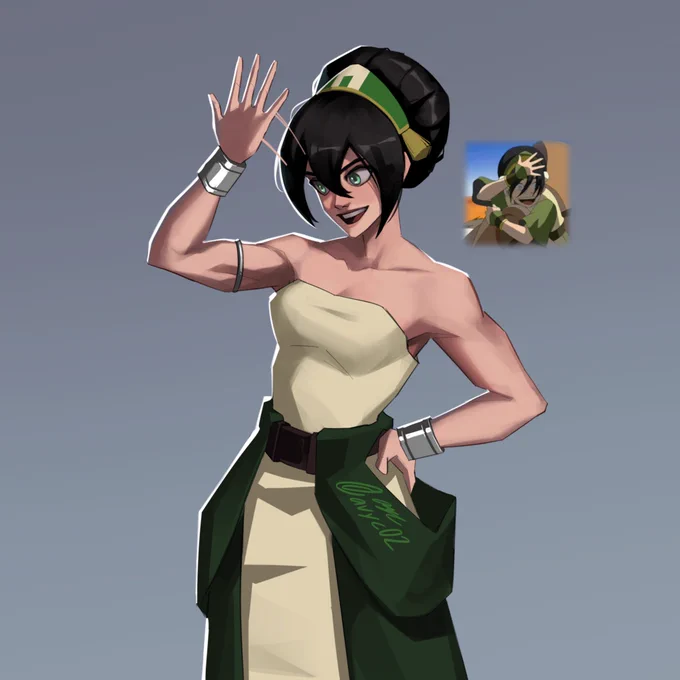 Toph waves a hand in front of her face, mocking her friends who keep forgetting about her blindness.