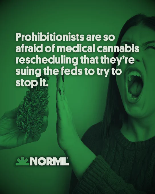 Headline reads, "Prohibitionists are so afraid of medical cannabis rescheduling that they're suing the feds to try to stop it." Background shows a woman holding up her hand in a "stop" position and shouting at a cannabis flower being held toward her.