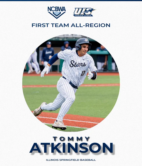 NCBWA & UIS Athletics logos. First Team All-Region. Tommy Atkinson, Illinois Springfield Baseball, a photo of Tommy baserunning