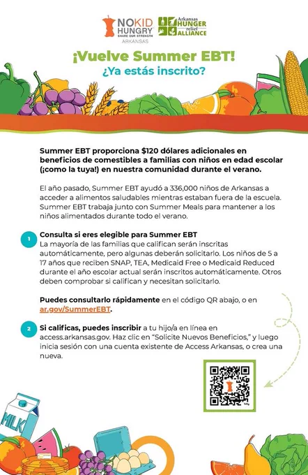 Spanish‑language flyer titled “¡Vuelve Summer EBT!” explaining that eligible families can receive $120 in grocery benefits per school‑aged child during the summer. It states that many students qualify automatically through SNAP, TEA, or Medicaid and that others may need to apply. The page includes steps to check eligibility at ar.gov/SummerEBT and instructions to apply through access.arkansas.gov. Logos for No Kid Hungry and the Arkansas Hunger Relief Alliance appear at the top, with matching food‑themed graphics.