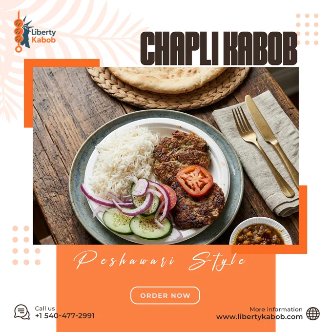 Peshawari chapli kabob platter, grilled kabob patties, basmati rice plate, halal Pakistani cuisine Virginia,