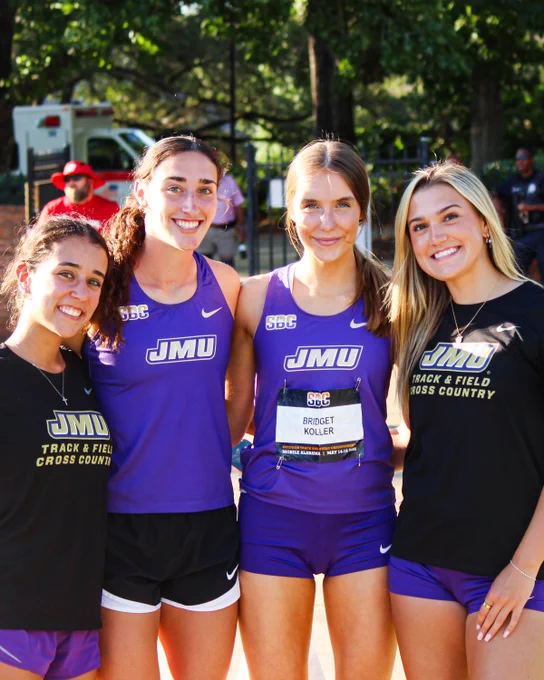 Group shot of Elizabeth Scarpa, Anna Lehman, Bridget Koller, and Peyton Mermon at the Sun Belt Outdoor Championship.