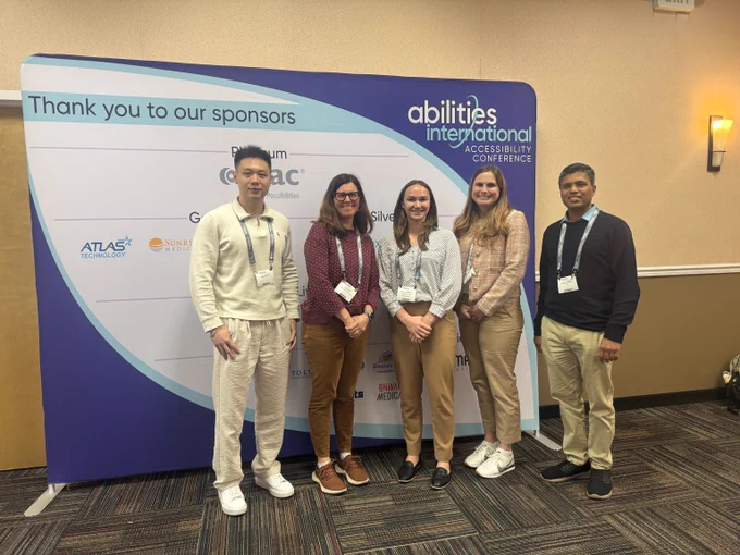 TechSAge team members Shuoning (Stone) Shi, Laura Rice, Mikaela Frechette, Megan Nickrent, and Harshal Mahajan at the poster session for RESNA 2026.
