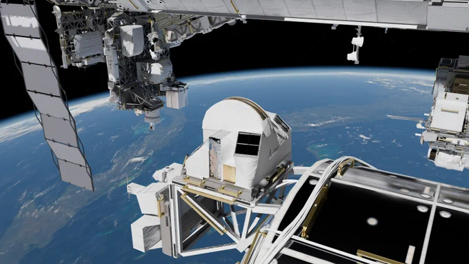 A conceptual image of the Department of War Space Test Program \u2013 Houston 11 (STP-H11) payload, featuring Glowbug-2, which launched from Cape Canaveral Space Force Station, Fla., May 15, 2026. The payload will be installed outside of the International Space Station\u2019s Columbus module. (Credit: U.S. Space Force and NASA's Goddard Space Flight Center)