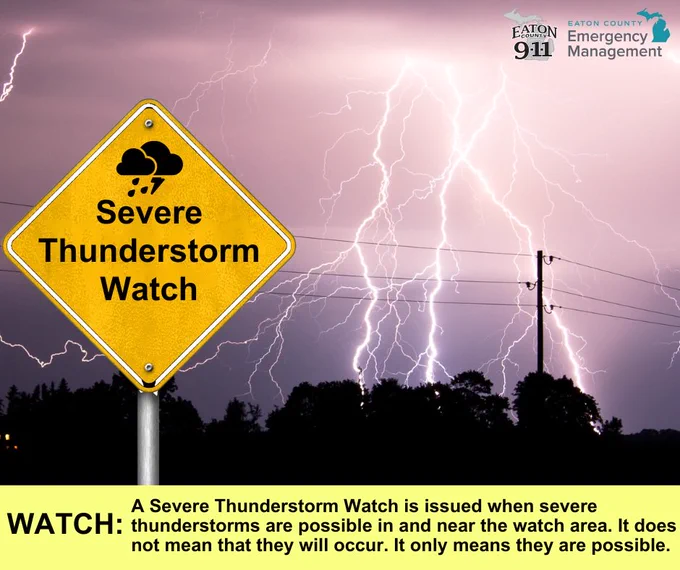 A yellow road sign reads "Severe Thunderstorm Watch" with a cloud and lightning icon. In the background, a dark sky is lit up by multiple lightning strikes over a tree line and power lines. A caption at the bottom reads "WATCH: A Severe Thunderstorm Watch is issued when severe thunderstorms are possible in and near the watch area. It does not mean that they will occur. It only means they are possible."