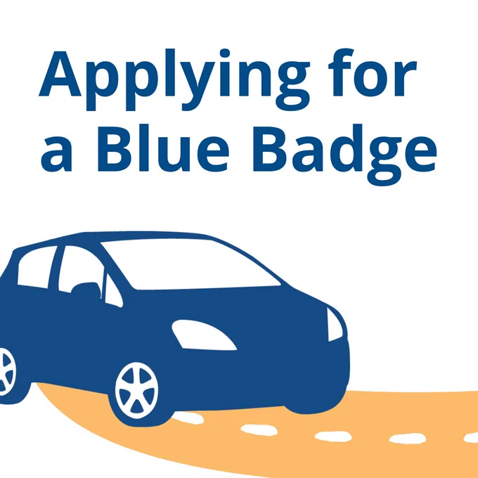 An illustration of a blue car on a curved road with dashed lines. The text reads, "Applying for a Blue Badge."