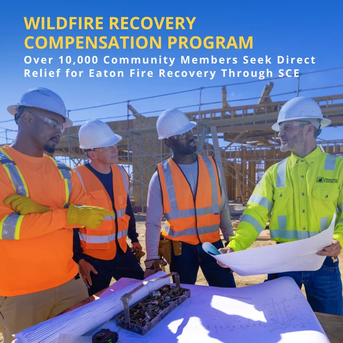 A group of four individuals wearing safety helmets and vests are standing together at a construction site, discussing blueprints placed on a table. Large unfinished wooden structures are visible in the background. The text reads: "Wildfire Recovery Compensation Program - Over 10,000 Community Members Seek Direct Relief for Eaton Fire Recovery Through SCE.