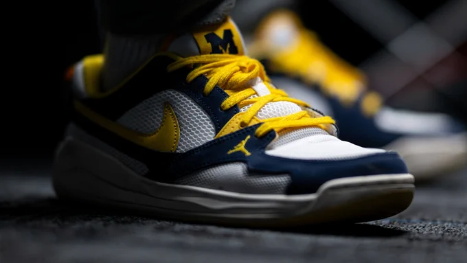 The photo shows a Michigan basketball Jordan-branded shoe to highlight the Wolverines' summer tour to Lithuania and Croatia announcement.