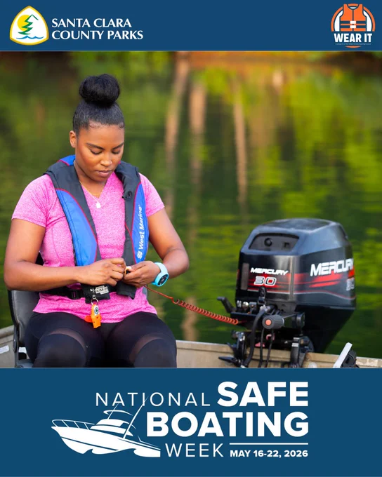 A graphic of a woman boater attaching the Engine Cut-Off Switch to her life jacket in a boat on the water. The text reads – National Safe Boating Week May 16-22, 2026.

