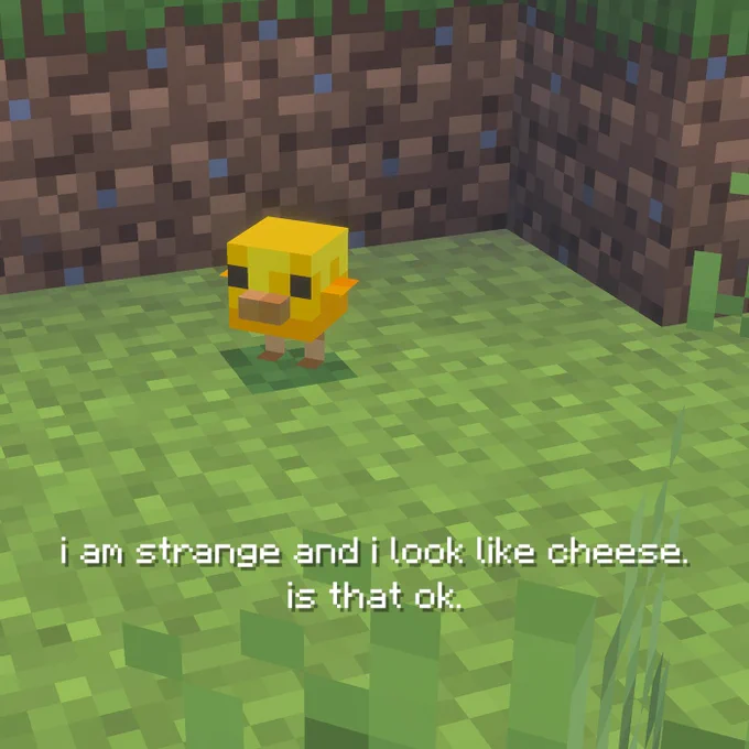image of a little baby chick standing on the grass in Minecraft. Copy on the screen reads "i am strange and i look like cheese. is that ok."