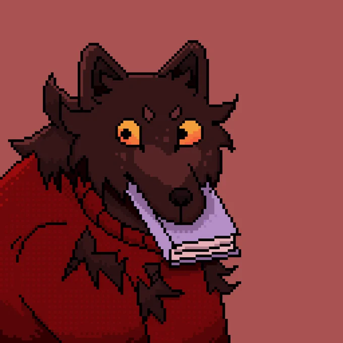 A black-furred werewolf with a heart-shaped marking across her face holds a book with a lilac cover. Their ripped sweater shows off patches of fur.