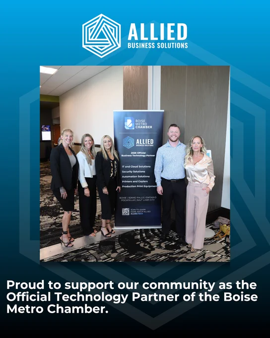Group photo celebrating Allied Business Solutions as the Official Technology Partner of the Boise Metro Chamber. The mood is professional and inviting.