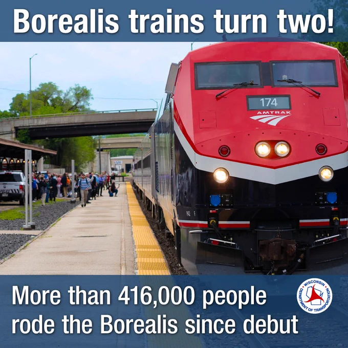 train arriving at station and text: Borealis trains turn two! More than 416,000 people rode the Borealis since debut