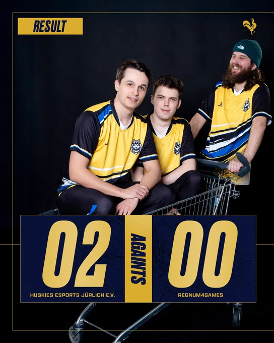 Three esports players pose in team jerseys, sitting in a shopping cart. "Huskies Esports" beats "Regnum4Games" 2-0, celebrating victory.