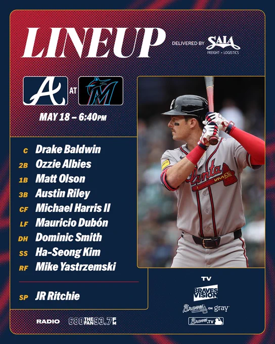 Baldwin C, Albies 2B, Olson 1B, Riley 3B, Harris II CF, Dubón LF, Smith DH, Kim SS, Yastrzemski RF, Ritchie P. First pitch at 6:40pm. 