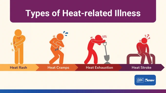 infographic on the types of heat-related illness - heat rash, heat cramps, heat exhaustion, and heat stroke, with the CDC/NIOSH logos