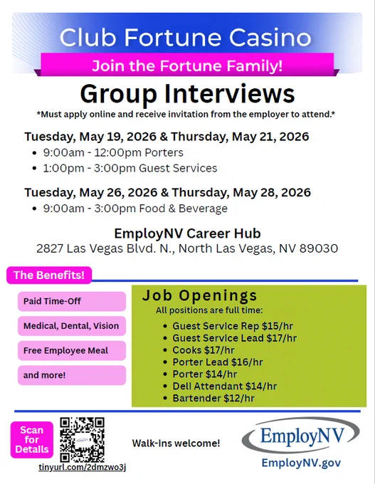 Club Fortune Casino hosting group interviews for various job openings with dates and times listed for May 2026 at EmployNV Career Hub.