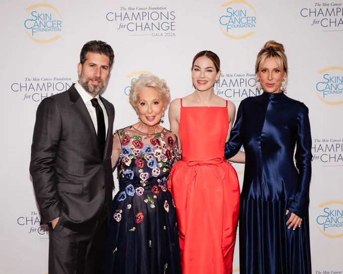 Champions for Change Gala honorees Adam Schweitzer and Michelle Monaghan pictured with The Skin Cancer Foundation president, Deborah S. Sarnoff, MD, and Gala host, Sarah Eggenberger


