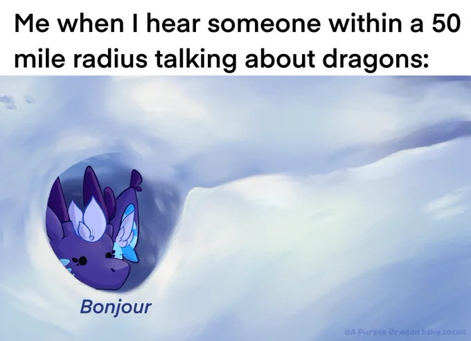 A dragon poking out of a snow den with the caption: “Me when I hear someone within a 50 mile radius talking about dragons:”