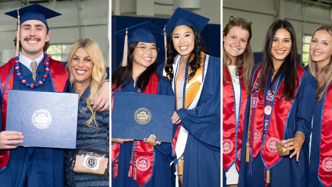 Graduates of the SMU Cox School of Business pose with friends and family in post-commencement ceremony celebrations.