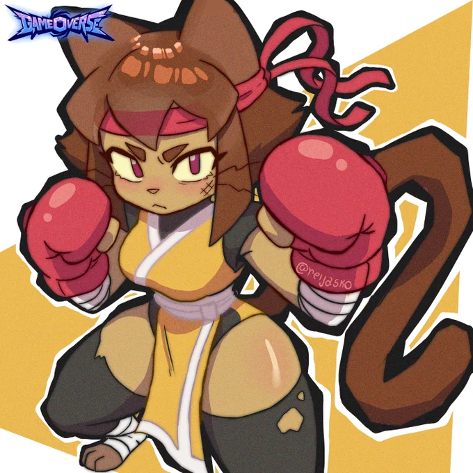 Stylized fanart of Kit from Gameoverse wearing a fighter-inspired outfit with oversized red boxing gloves and a yellow martial arts uniform. She is in a fighting stance with an angry expression, viewed from a slightly low angle. The art uses bold outlines, soft shading and a warm yellow background.
