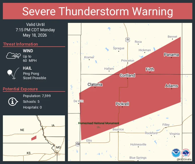 This graphic displays a severe thunderstorm warning plotted on a map. The warning is in effect until 7:15 PM CDT. The warning includes Firth NE, Adams NE and Cortland NE.  This warning is for Southeastern Lancaster County in southeastern Nebraska and Northern Gage County in southeastern Nebraska. The threats associated with this warning are wind gusts up to 60 MPH and ping pong sized hail. There are 7,599 people in the warning along with 5 schools and 0 hospitals.