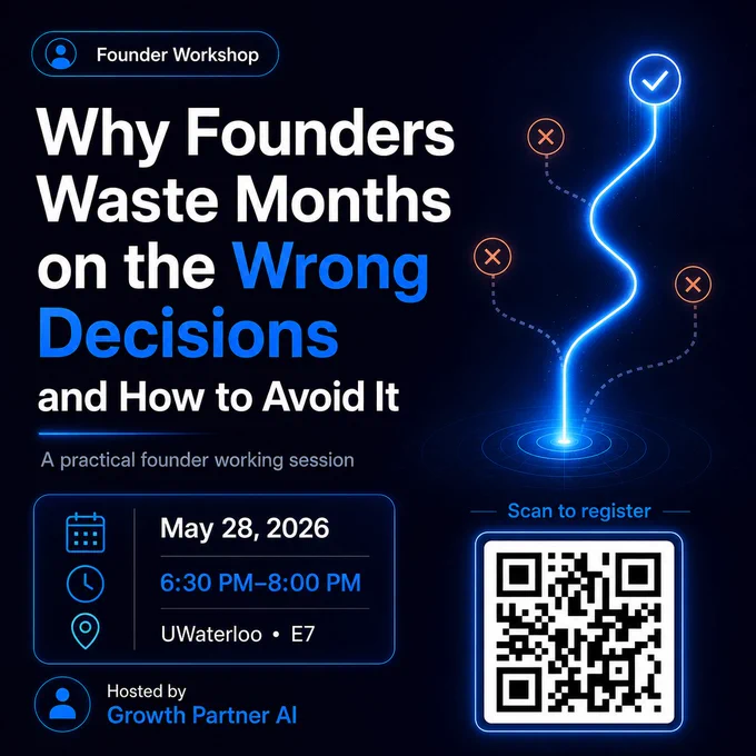 Black background featuring neon blue lights, a QR code and text overlay that says "Why Founders Waste Months on the Wrong Decisions and How to Avoid It. May 28, 2026, 6:30 PM to 8:00 PM at UWaterloo, E7. Hosted by Growth Partner AI."