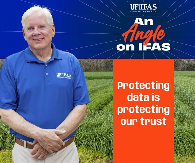 Dr. Angle, in a UF/IFAS shirt, stands outdoors in front of green crops. The background features the text "UF/IFAS" and "An Angle on IFAS." Additional text reads, "Protecting data is protecting our trust.