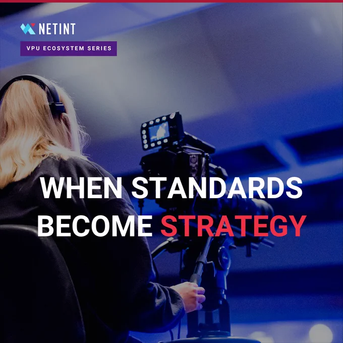 Video camera on a tripod recording a seated person in a room, with the text “When Standards Become Strategy” and NETINT VPU Ecosystem Series branding.