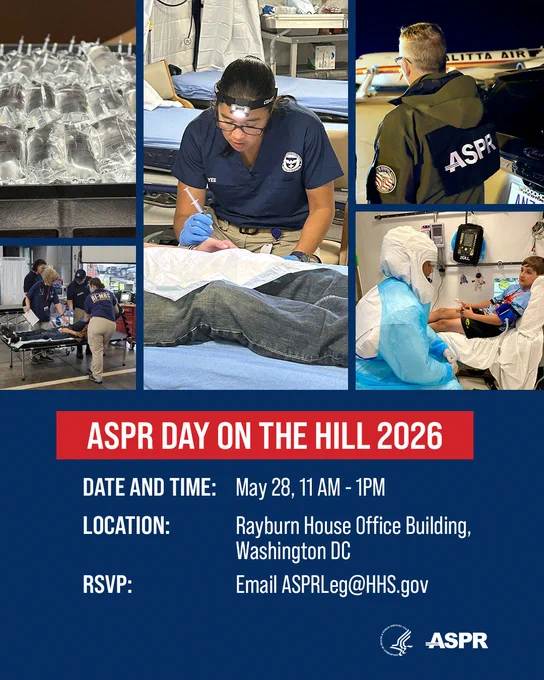 A collage of images related to emergency preparedness activities by ASPR. The text at the bottom provides event details for "ASPR Day on the Hill 2026," including date, time, location, and RSVP contact information.
