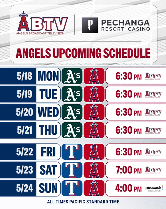 ABTV, presented by Pechanga Resort Casino: Angels Upcoming Schedule. Angels vs Athletics (5/18 at 6:30pm, 5/19 at 6:30pm, 5/20 at 6:30pm, 5/21 at 6:30pm). Angels vs Rangers (5/22 at 6:30pm, 5/23 at 7pm, 5/24 at 4pm - Peacock Exclusive Game). All times Pacific Standard Time. 
