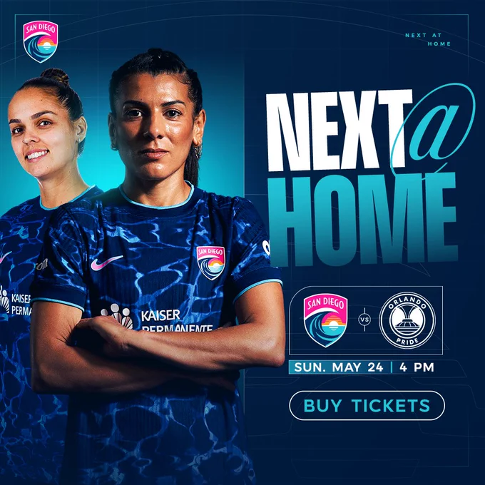 Next at home graphic featuring Kenza Dali and Gabi Portilho. Blue and white text on the graphic read: Next @ Home | Wave FC vs. Orlando Pride | Sun. May 24 | 4 pm | Buy Tickets